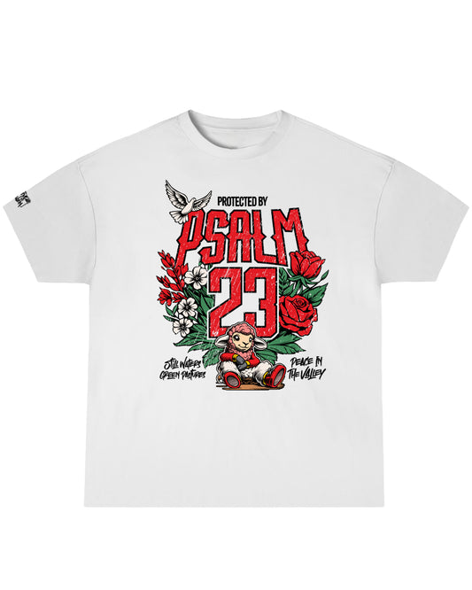 White t-shirt with graphic design featuring roses and text on a white background