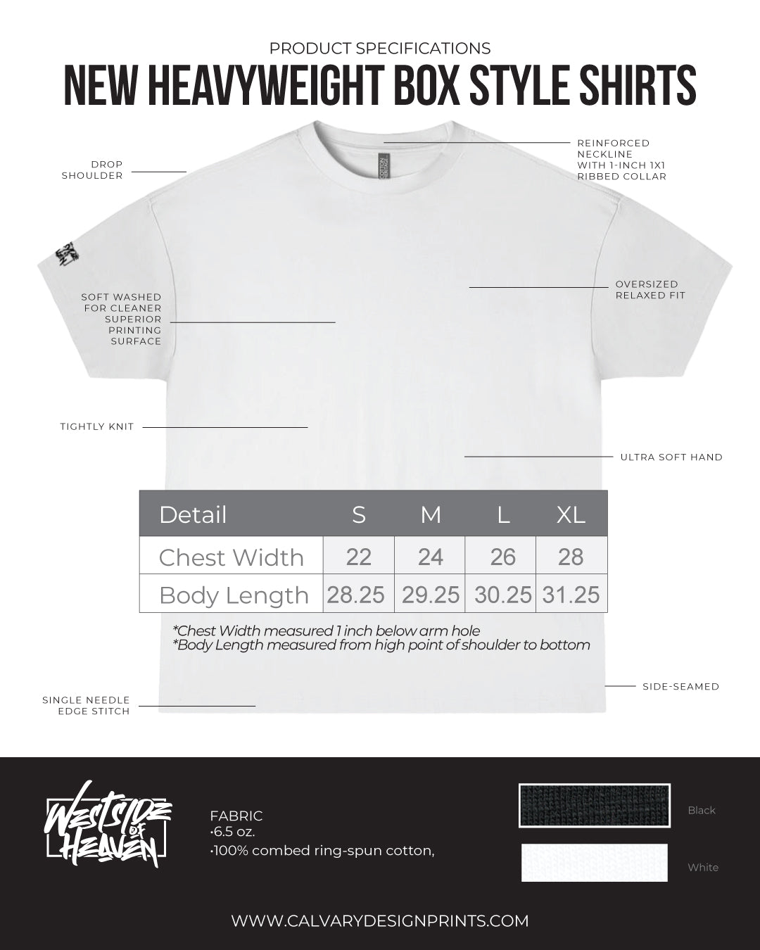 Heavyweight box style shirt with product specifications and size chart on a white background