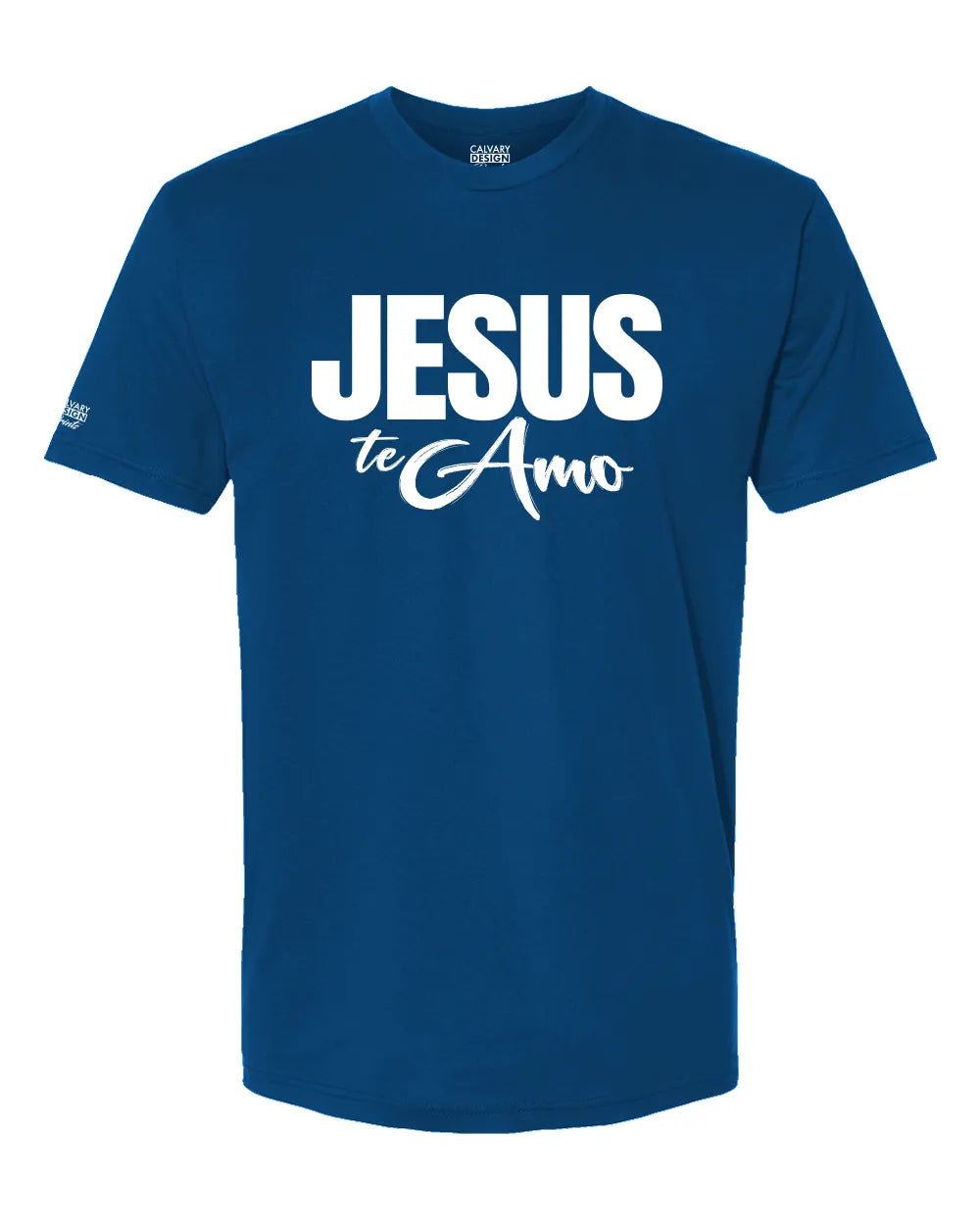 Blue t-shirt with 'JESUS te Amo' text on a white background