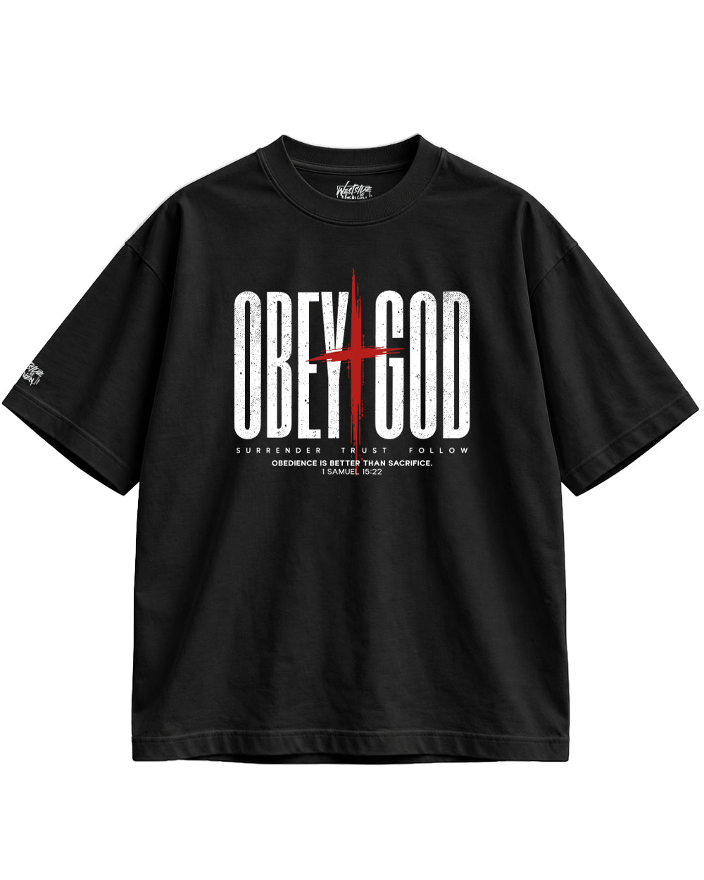 Obey God Oversized Tee in black, front view – oversized Christian t-shirt