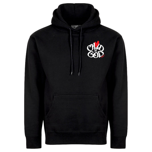 black hoodie showing a graffiti style design that says Child of God with a heart