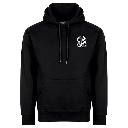 minimalist style hoodie design that says Child of God in the front on the left side