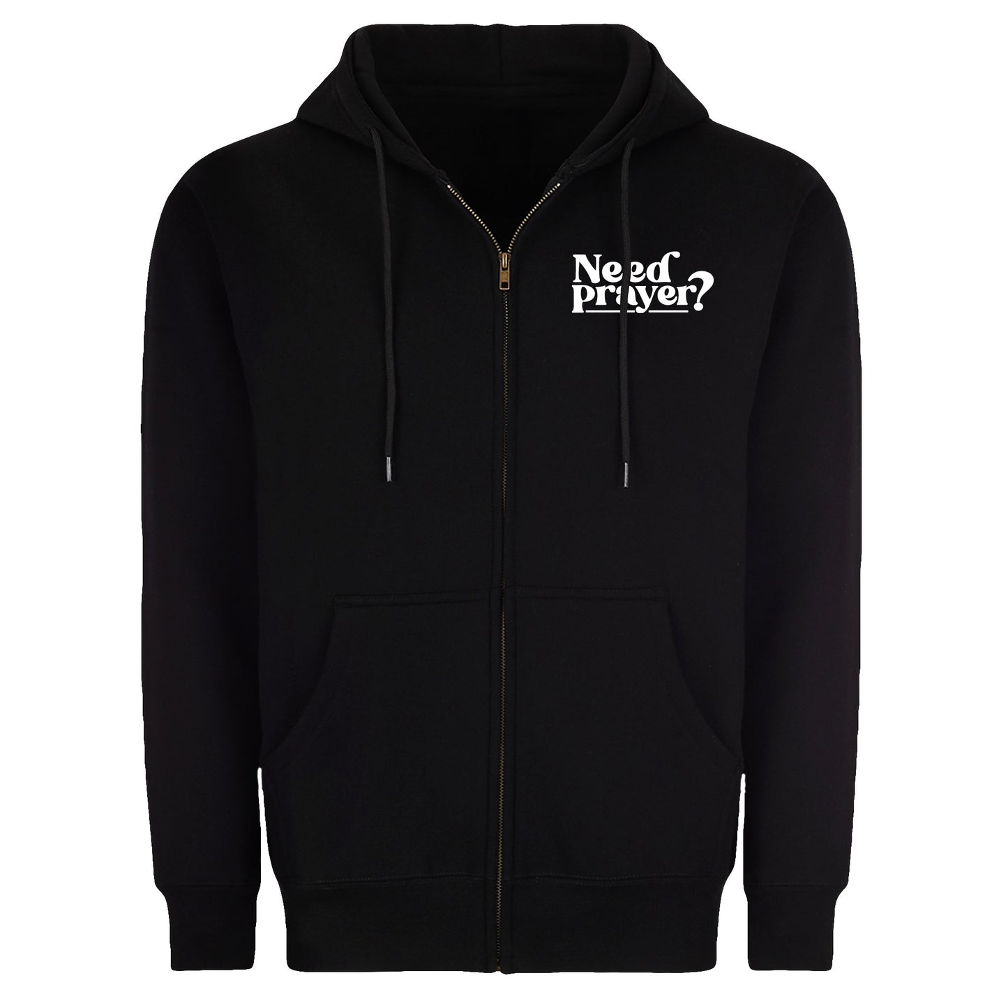Black zip-up Christian hoodie with “Need Prayer?” chest print, unisex oversized fit