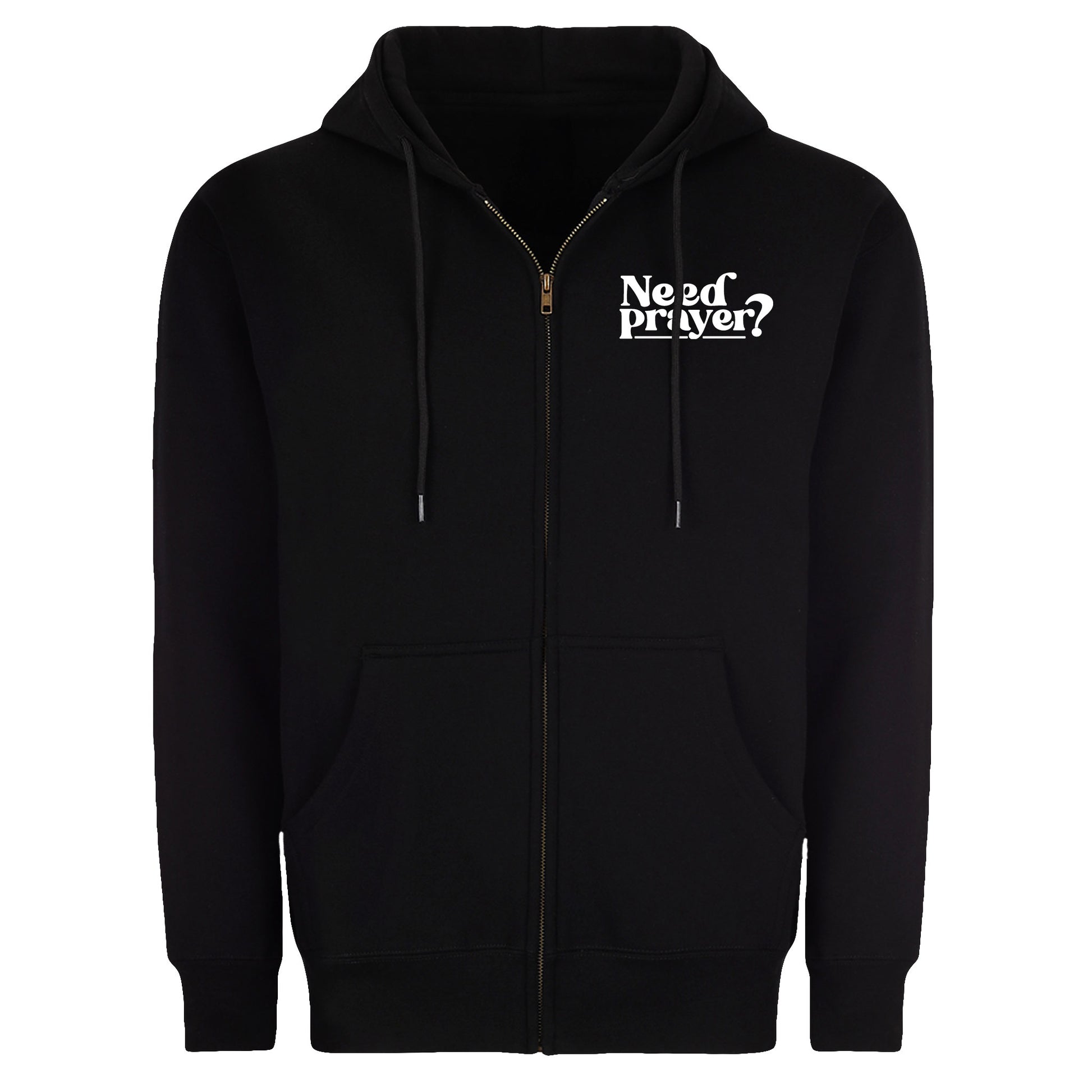 Black zip-up Christian hoodie with “Need Prayer?” chest print, unisex oversized fit
