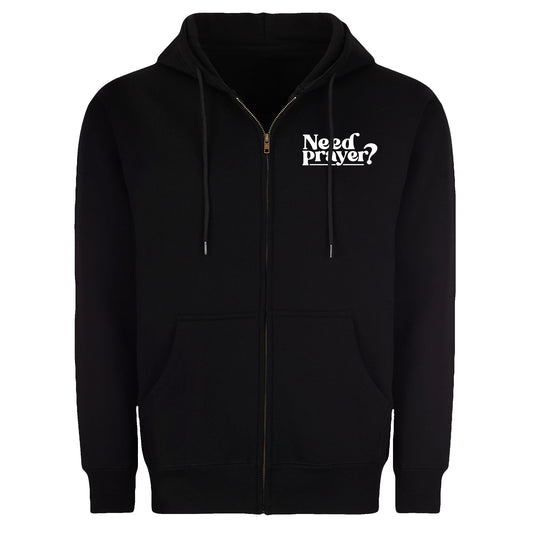 Black zip-up Christian hoodie with “Need Prayer?” chest print, unisex oversized fit