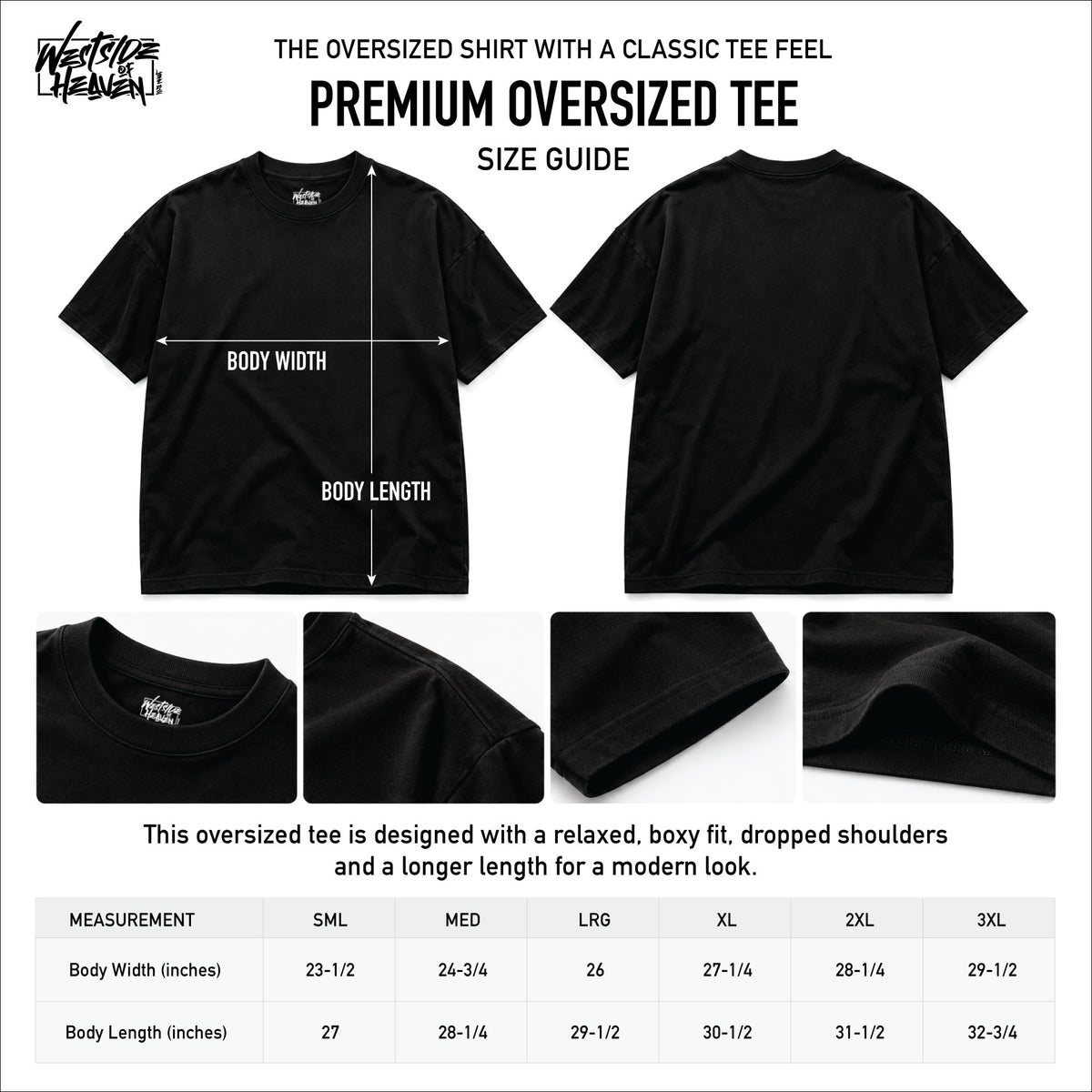 Size chart and fabric specs for the Obey God Oversized Tee