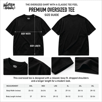 Size chart and fabric specs for the Obey God Oversized Tee