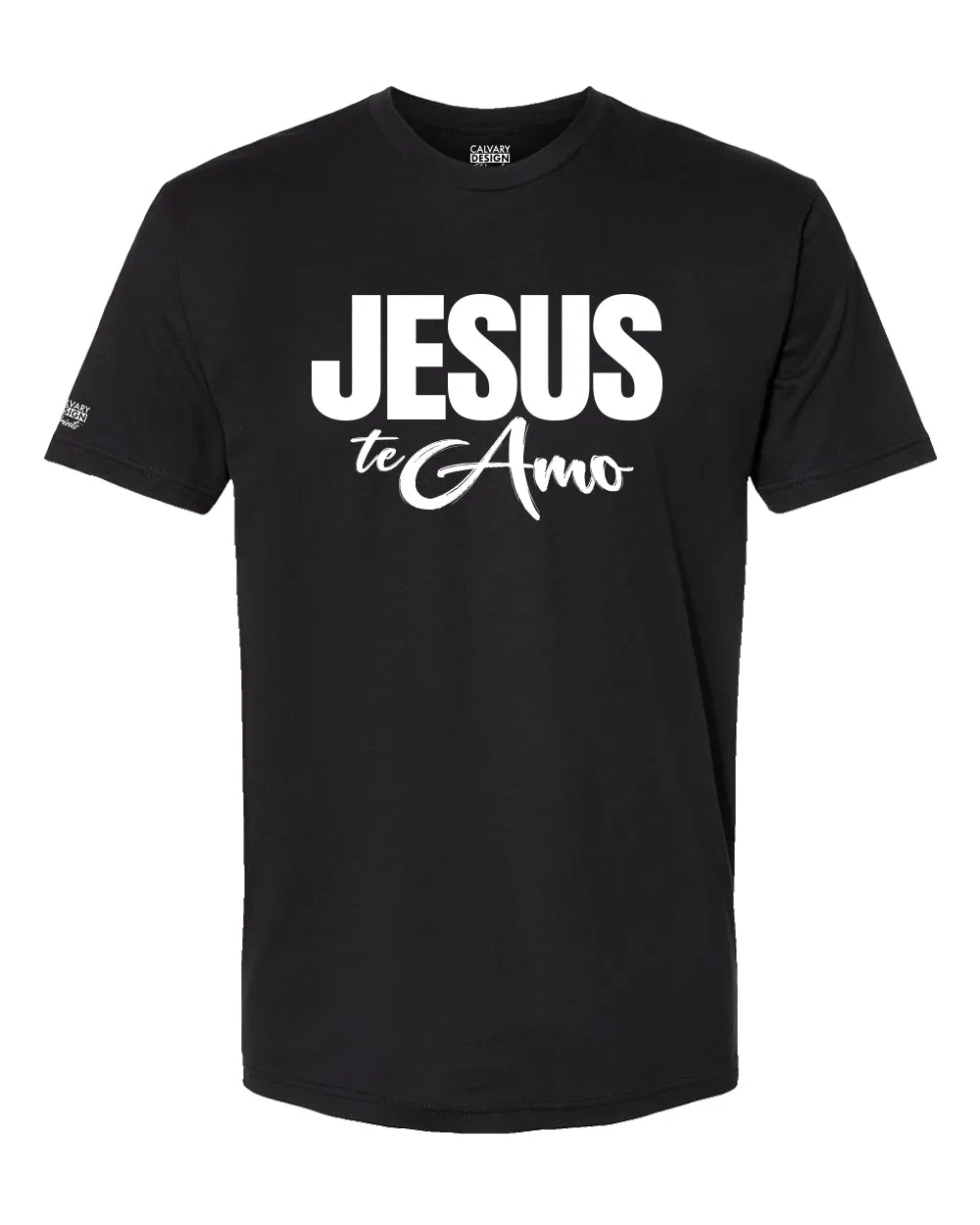 Jesus Te Amo black Christian t-shirt with bold white lettering faith-based Spanish graphic tee in black