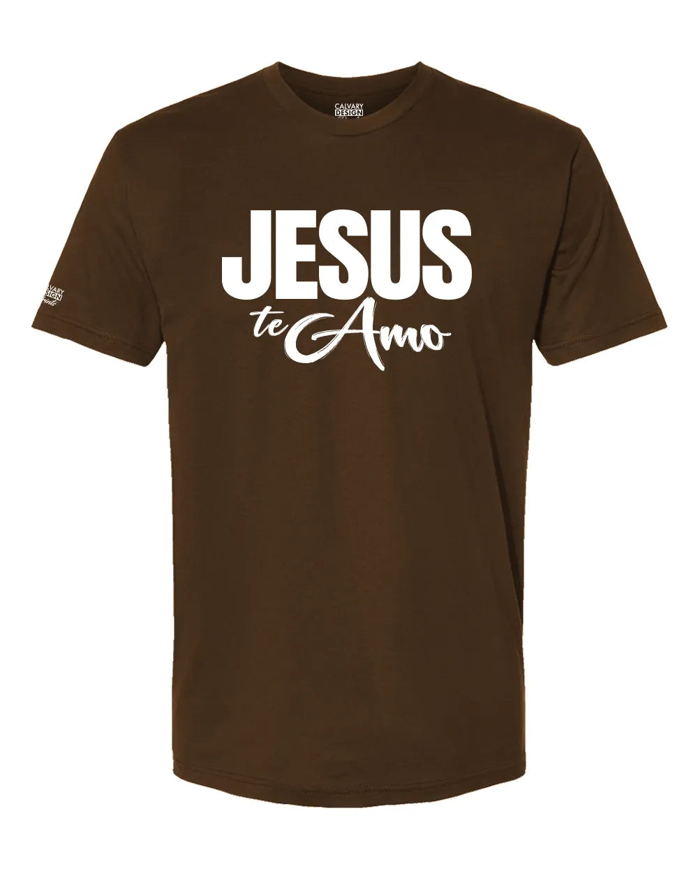 Brown t-shirt with 'JESUS te Amo' text on a white background