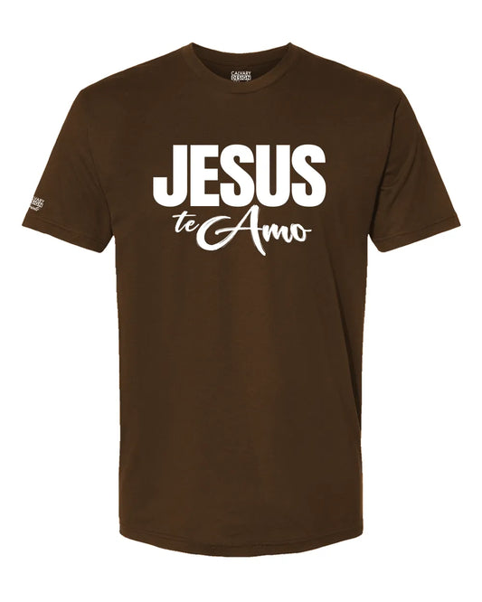 Brown t-shirt with 'JESUS te Amo' text on a white background