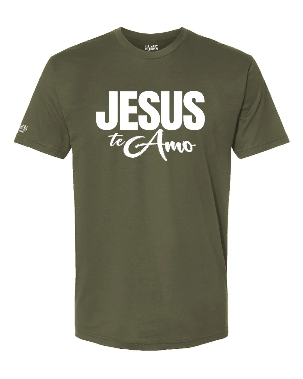Green t-shirt with 'Jesus te Amo' text on a white background