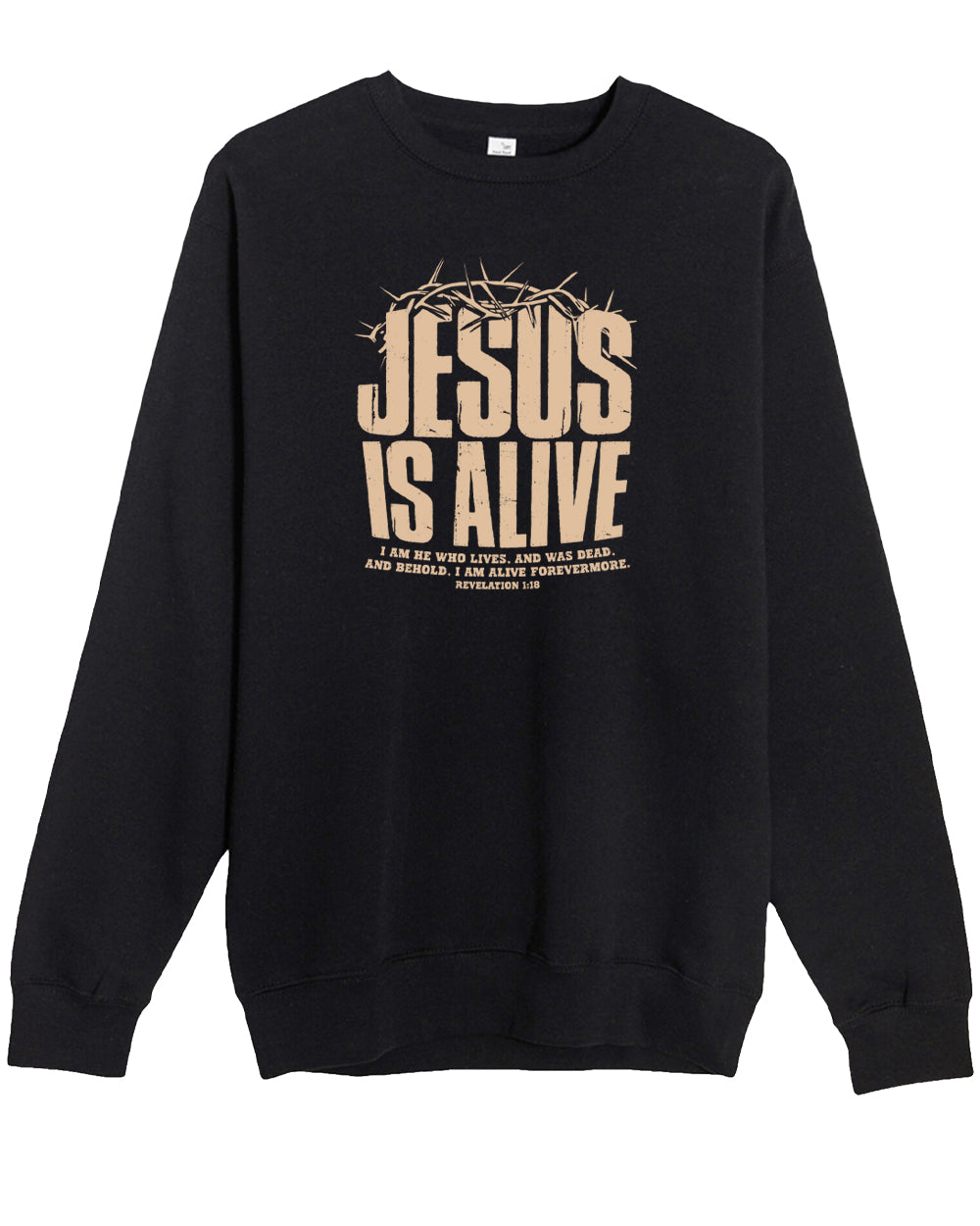 Black sweatshirt with 'Jesus is Alive' text and crown of thorns design on a white background