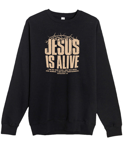 Black sweatshirt with 'Jesus is Alive' text and crown of thorns design on a white background
