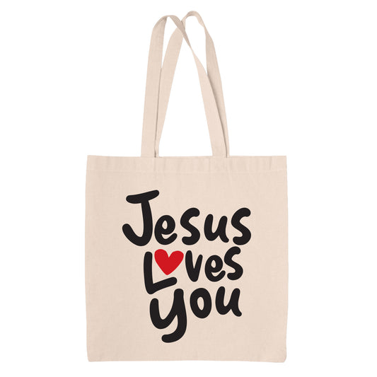 Beige Natural canvas  tote bag with 'Jesus Loves You' text and red heart on a white background