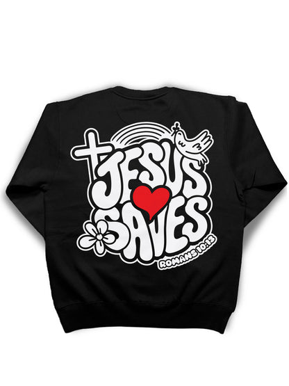 Jesus Saves Romans 10:13 back graphic black crewneck sweatshirt Christian design