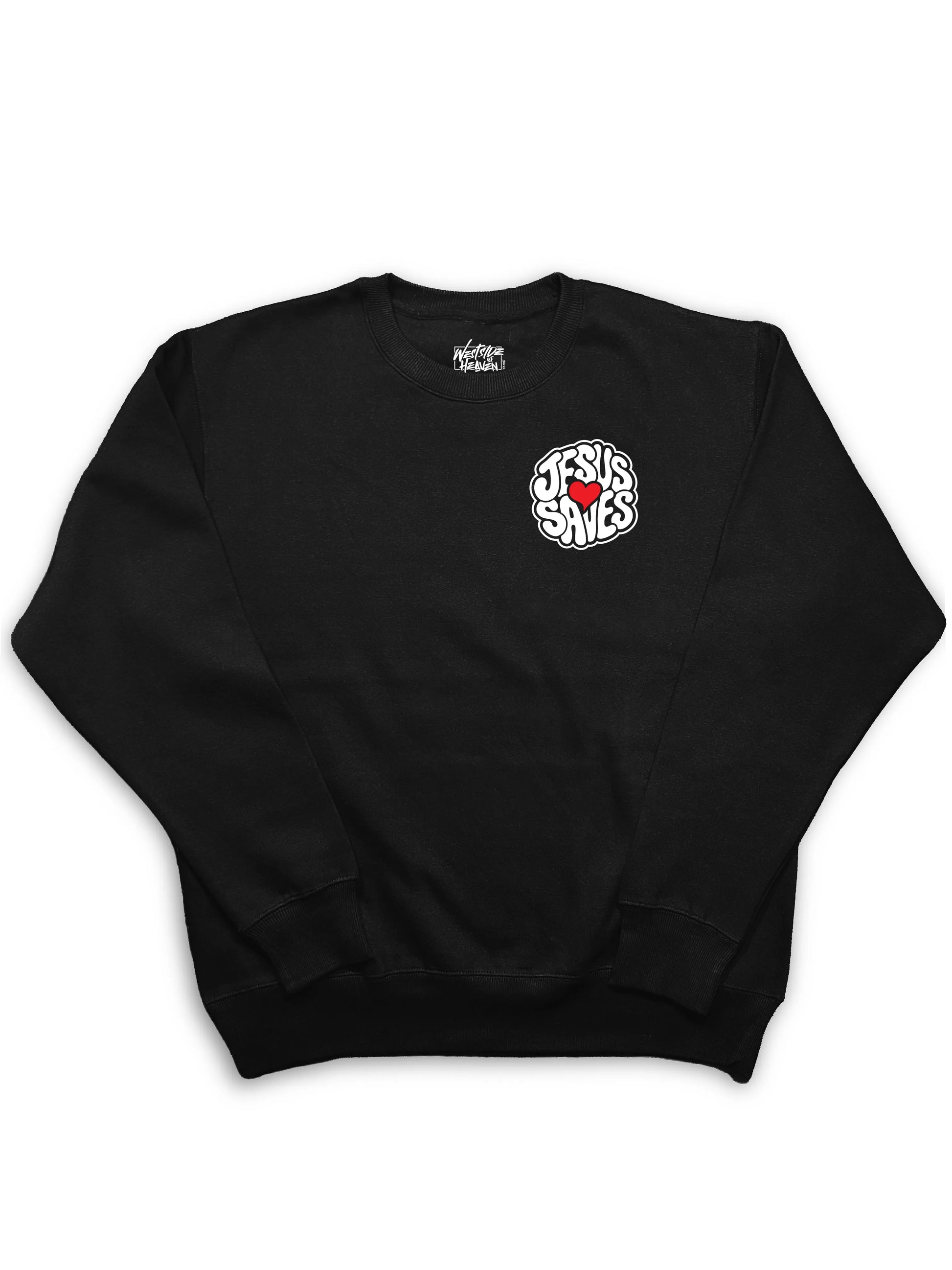 Jesus Saves crewneck sweatshirt black front chest Christian faith apparel design