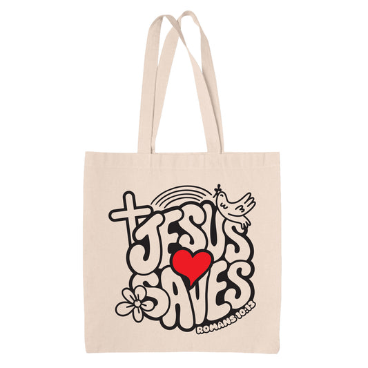 Beige natural canvas tote bag with 'JESUS SAVES' design featuring a heart and dove on a white background