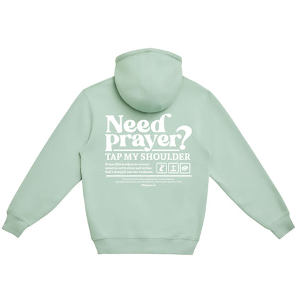 Light green hoodie with text on the back on a white background