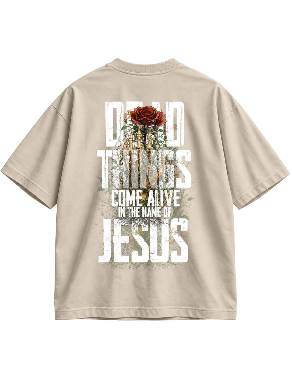 Dead Things Come Alive Oversized Tee in beige, back print – oversized Christian t-shirt
