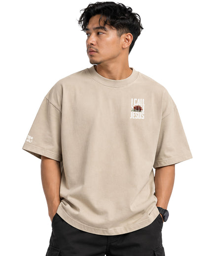 Model wearing the Dead Things Come Alive Oversized Tee in sand, oversized Christian t-shirt by Calvary Design Prints