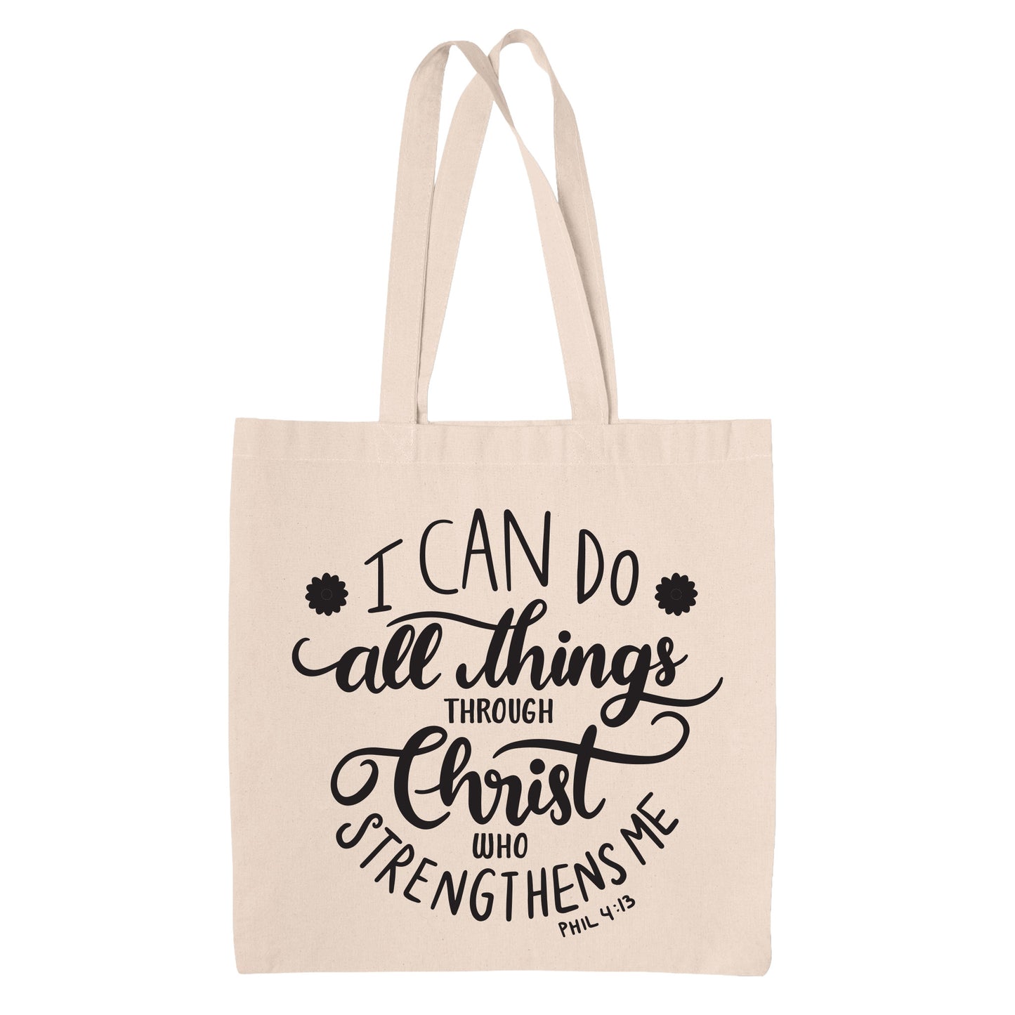 Natural color canvas tote bag with black text of Philippians 4:13 on a white background