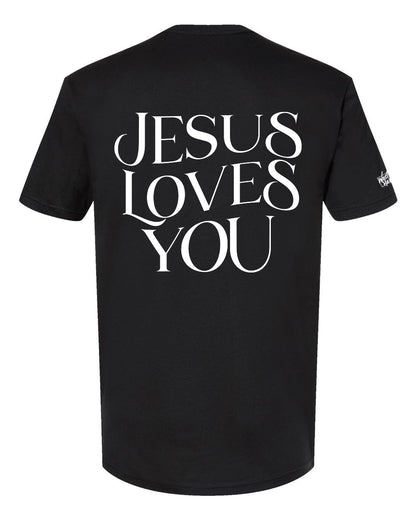 Jesus Loves You Christian T-Shirt – Bold Back Print, Minimal Front Design (Unisex, Black)