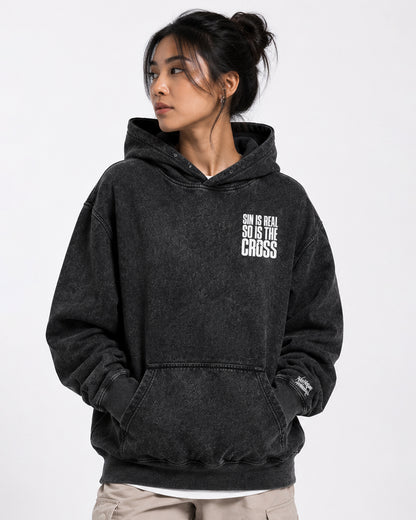 Sin Is Real, So Is the Cross | Black Grunge Heavyweight Hoodie