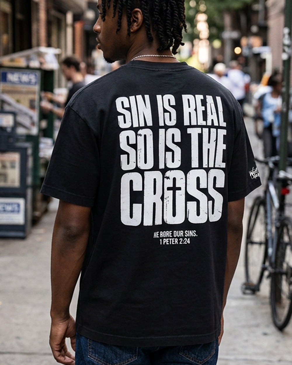 Sin Is Real So Is The Cross Christian Oversized T-Shirt | 1 Peter 2:24 Faith Tee