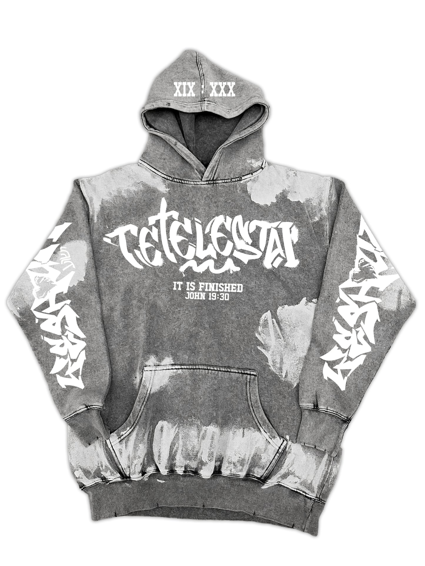 Tetelestai Deep Fog Grunge Hoodie | John 19:30 Christian Streetwear | Yeshua Sleeve Faith Hoodie
