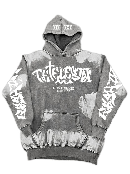 Tetelestai Deep Fog Grunge Hoodie | John 19:30 Christian Streetwear | Yeshua Sleeve Faith Hoodie
