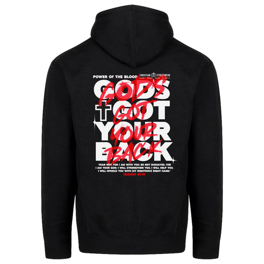 Black hooded pullover with the text 'GOD'S GOT YOUR BACK' printed in bold lettering on the back, with a smaller print on the front.