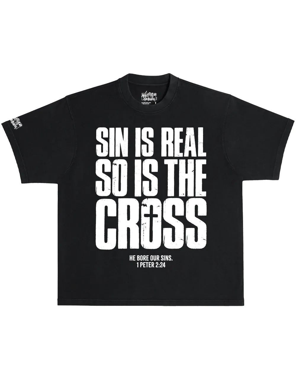 Sin is real so is the cross Christian oversized t shirt black bold gospel message 1 Peter 2:24