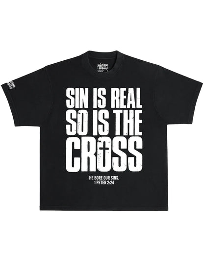Sin is real so is the cross Christian oversized t shirt black bold gospel message 1 Peter 2:24