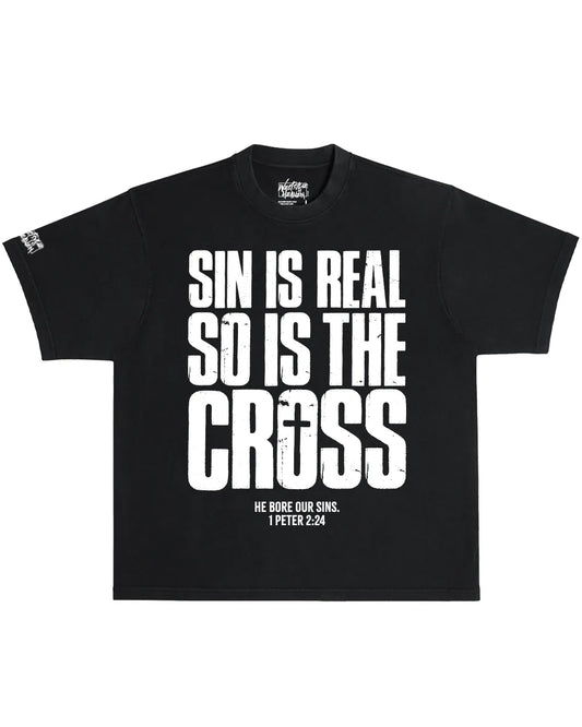 Sin is real so is the cross Christian oversized t shirt black bold gospel message 1 Peter 2:24