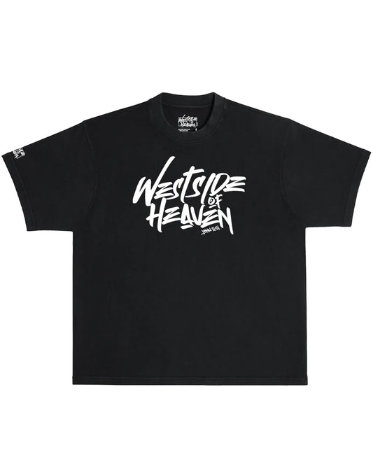Black oversized Christian streetwear tee with white Westside of Heaven front graphic and minimalist faith-based design.