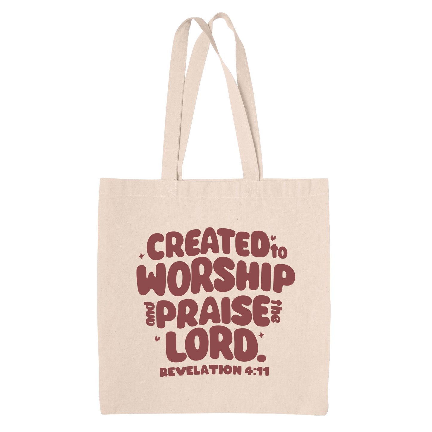 Natural Beige canvas tote bag with red text 'Created to Worship and Praise the Lord. Revelation 4:11' on a white background