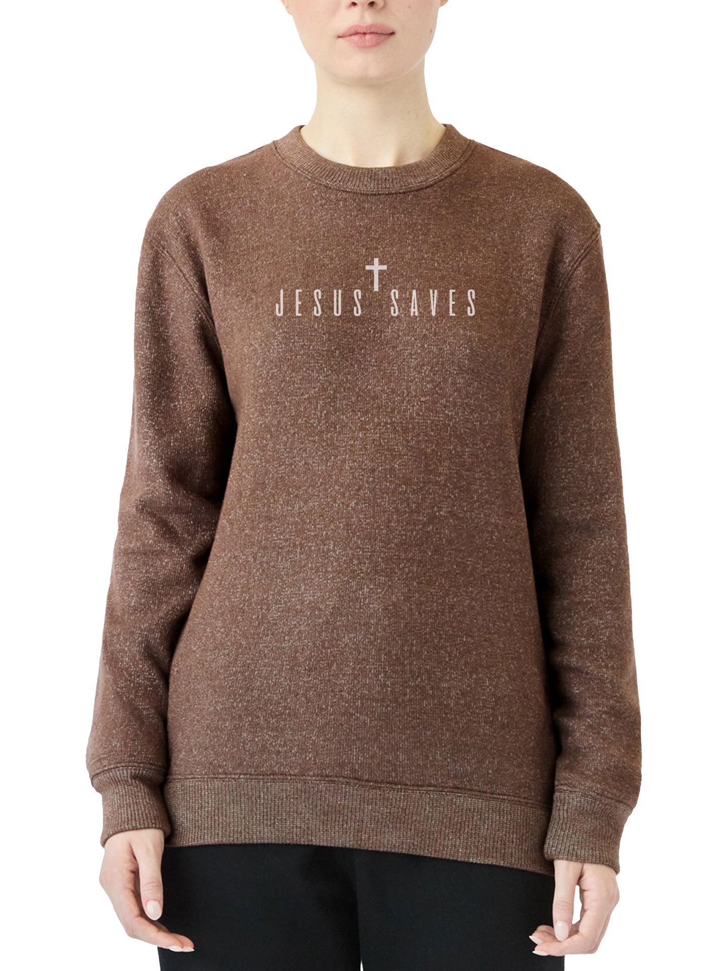Brown nantucket fleece midweight sweatshirt with 'Jesus Saves' text and cross on a white background