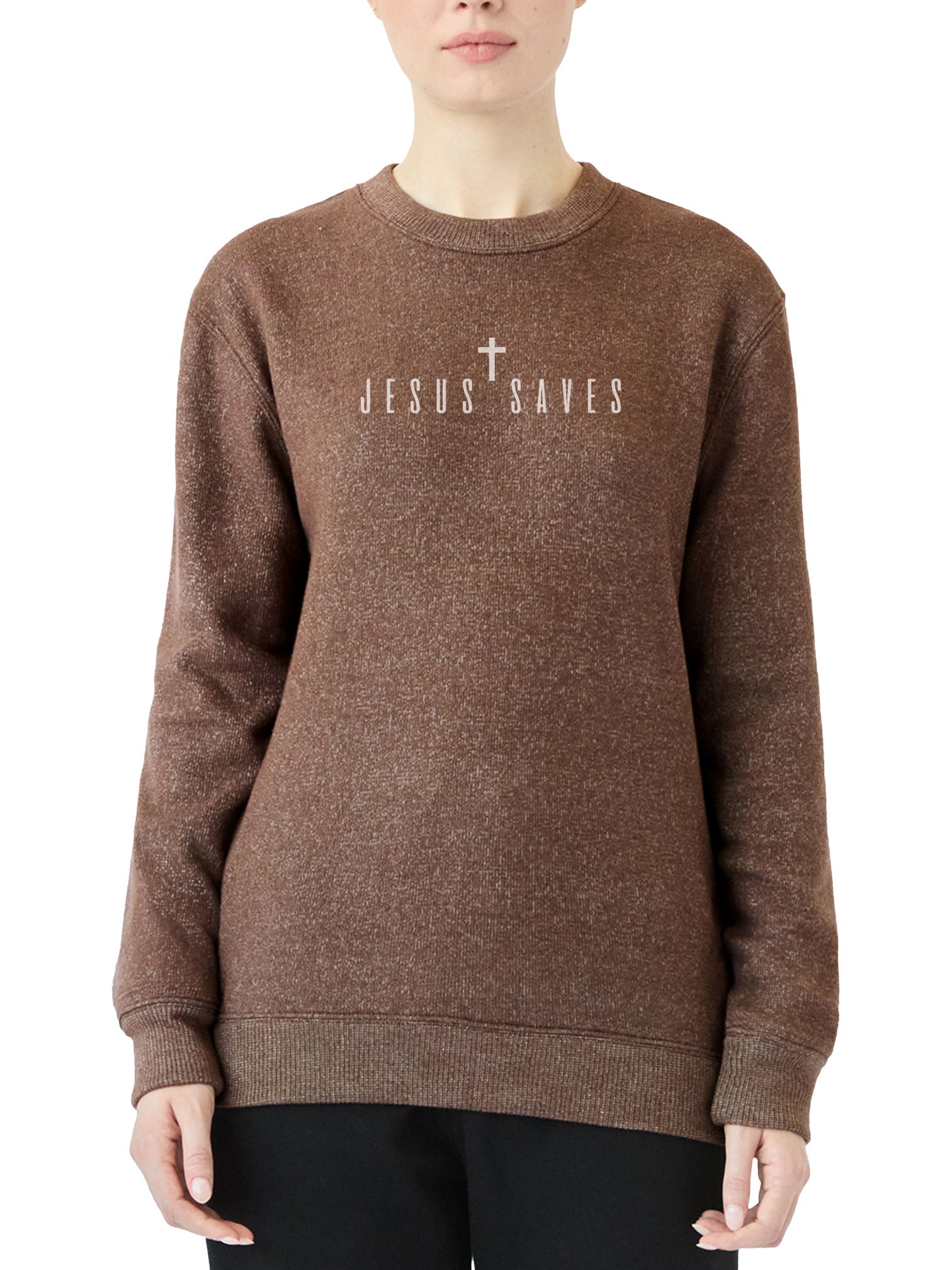Brown nantucket fleece midweight sweatshirt with 'Jesus Saves' text and cross on a white background