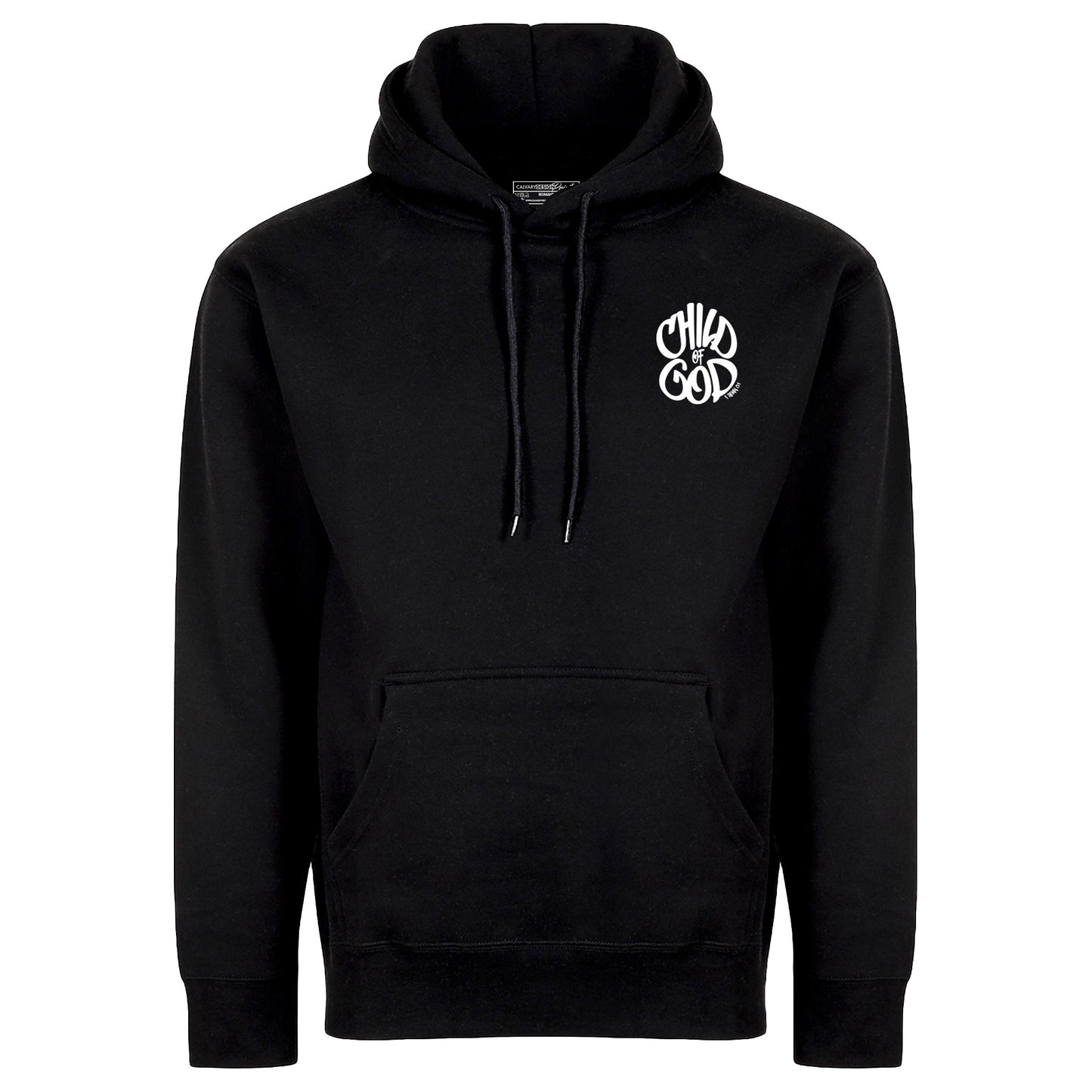 minimalist style hoodie design that says Child of God in the front on the left side