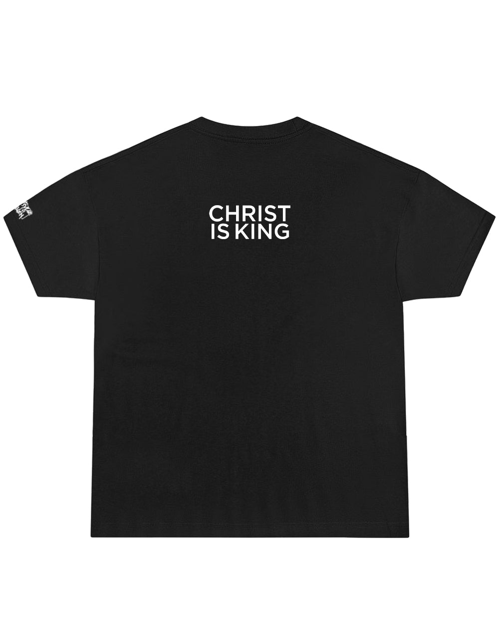 Black oversized  t-shirt with 'CHRIST IS KING' text on the back against a white background