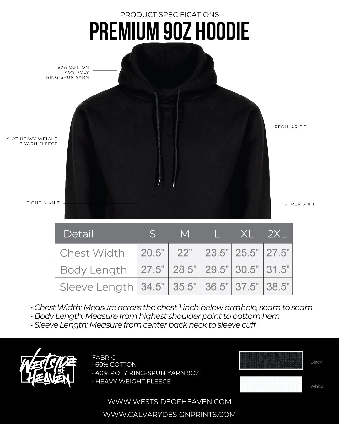 Premium 9oz hoodie sizing guide showing measurements in inches for sizes S–2XL (chest width, body length, sleeve length) with a black hoodie reference image and measuring instructions.