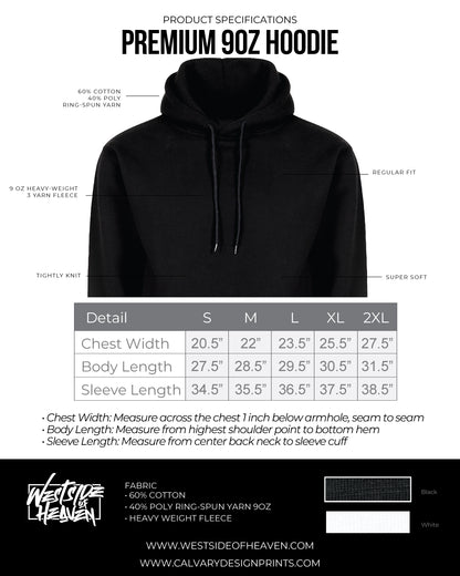 Premium 9oz hoodie sizing guide showing measurements in inches for sizes S–2XL (chest width, body length, sleeve length) with a black hoodie reference image and measuring instructions.