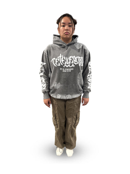 Tetelestai Deep Fog Grunge Hoodie | John 19:30 Christian Streetwear | Yeshua Sleeve Faith Hoodie